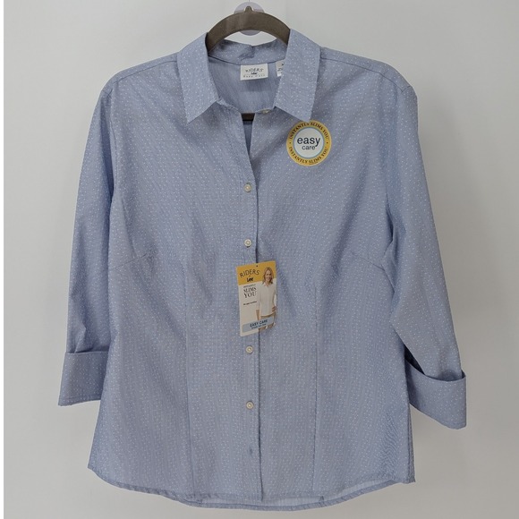 Riders by Lee $40 Medium Long Sleeve Easy Care Blue Polka Dot Button-Up Shirt - Picture 1 of 9